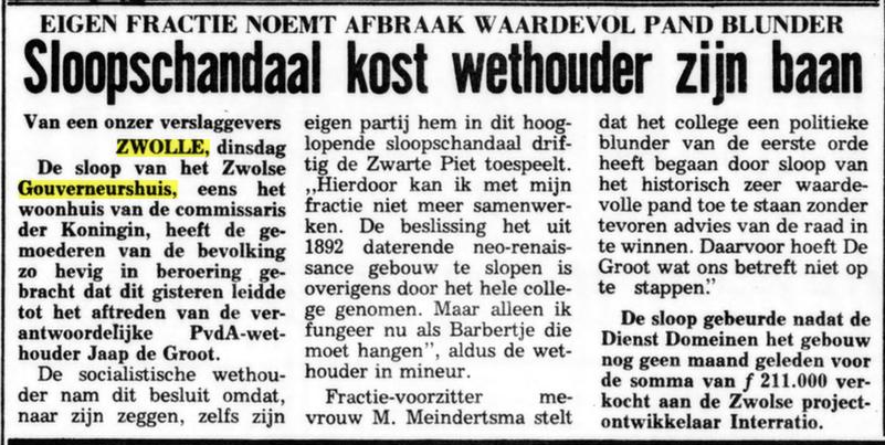 Artikel uit De Telegraaf van 1985 over het slopen van het Gouverneurshuis